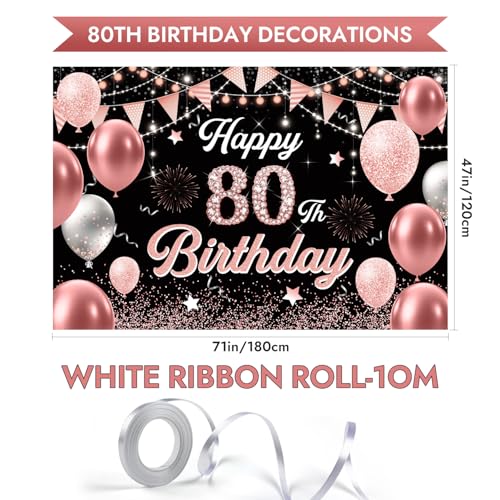 Image of 80th Birthday Decorations for Women - Happy 80th Birthday Banner Decorations Cheers to 80 Years Birthday Party Indoor and Outdoor Decoration Suppiles Pink Backdrop for 80th Birthday Party Favors Decor