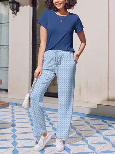 Image of Ekouaer Pajama Sets for Women Round Neck Pjs Short Sleeve Sleepwear with Long Pants Loose Lounge Sets