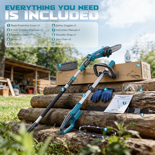 LIVOWALNY Akku Hochentaster kompatibel mit Makita 18V Akku, 8 Zoll Kettensäge mit Teleskopstange 2,1–2,7 m, 26 ft/s, automatischer Ölung, werkzeuglose Kettenspannung, 0–45° Schneidkopf (ohne Akku)