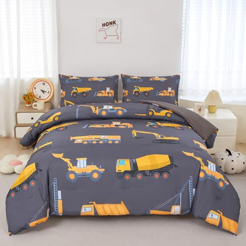 ZRNBAST Construction Kids Bedding Set for Boys Twin Size Trucks Dark Grey Comforter Set Teens 3 Pieces Tractor Bedding Set Lightweight Microfiber Excavator Bed Set with 2 Pillowcases