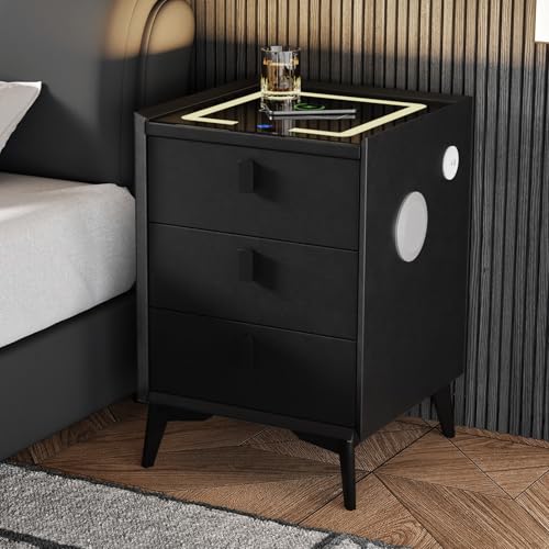 Oikiture Wireless Charging Bedside Table – Nightstand with LED Light, USB Ports, 3 Drawers (Black Finish)
