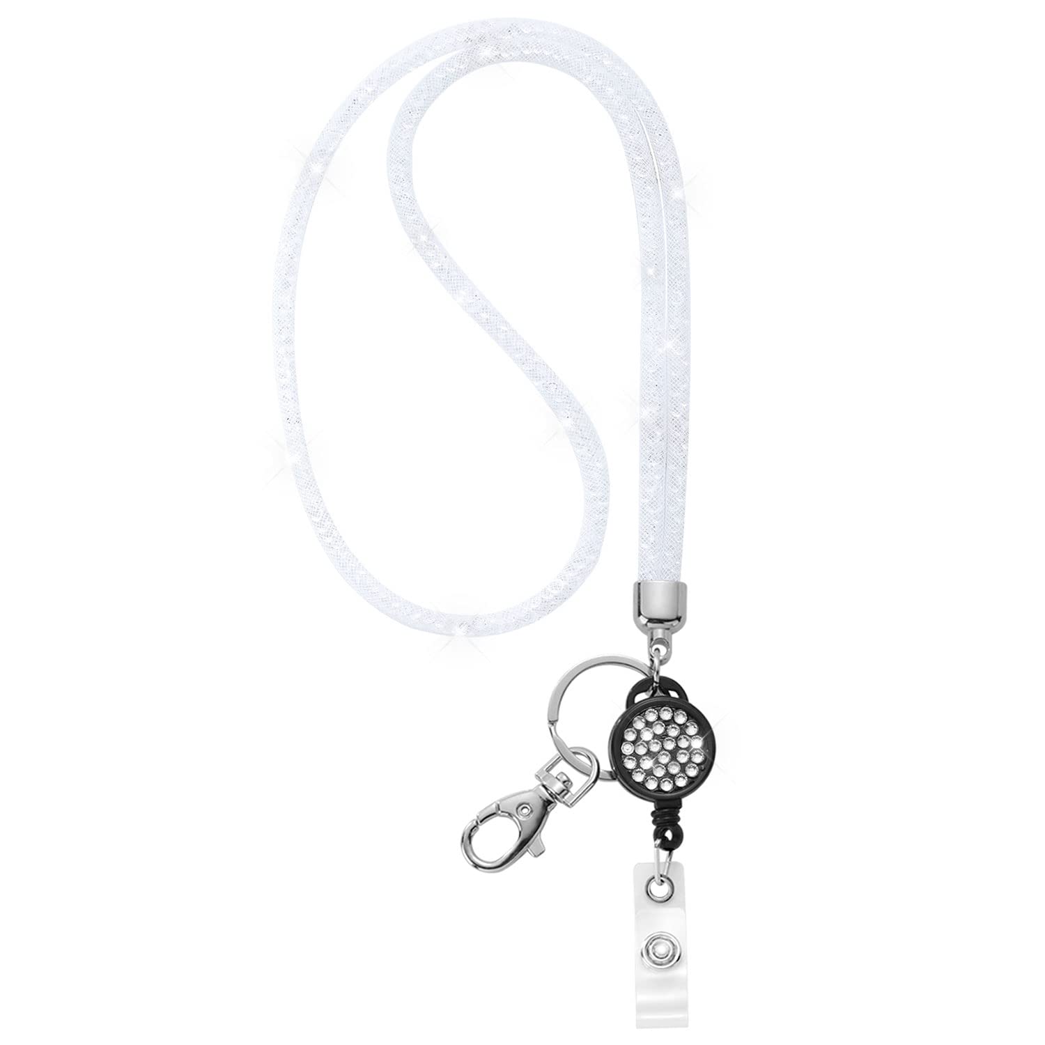 ID Card Lanyard, SAVORI 32.9" Breakaway Safety Clasp Rhinestone Lanyards Crystal ID Card Holder, White, Retractable Badge
