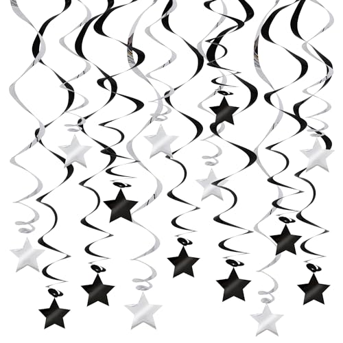 Image of BEISHIDA Black Silver Stars Hanging Swirls Bachelorette Graduation Hanging Ornament Decorations for Birthday Party Supplies Congrats Grade 2026 Graduation Decorations,Pack of 15