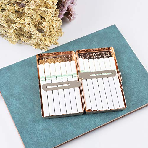 Retro Metal Cigarette Case Box -Double Sided Spring Clip Open Pocket Holder for 14 100s Cigarettes, Credit Card Holder Protective Security Wallet for Men and Women (Golden)