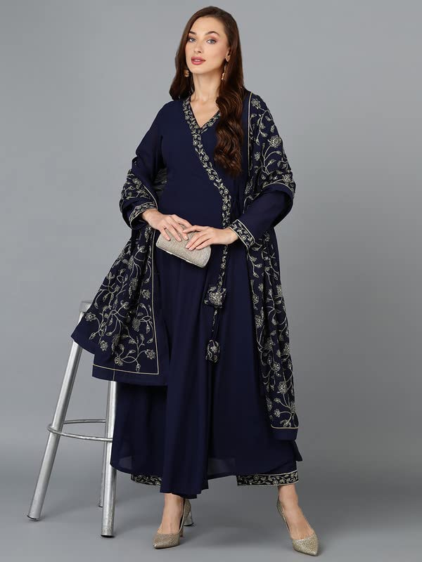 Image of Vaamsi Women's Georgette Embroidered Flared Angrakha Pant With Dupatta With Inner