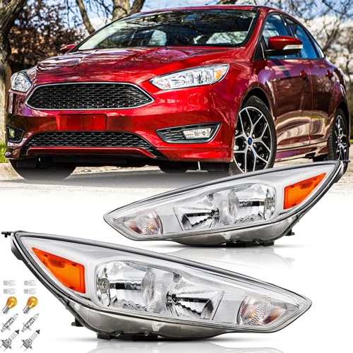 Headlights Assembly Pair with Bulbs for 2015 2016 2017 2018 Ford Focus S SE ST Halogen Headlamps Head Lights Replacement Driver and Passenger Side Chrome Housing Amber Reflector