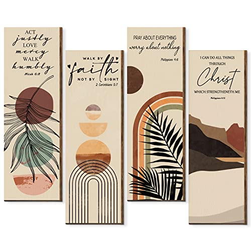 Queekay 4 Pieces Bible Verses Wall Art Boho Wall Decor Wooden Hanging Sign Inspirational Prayer Modern Decor Plaques Boho Wall Painting Abstract Motivational Sign for Home Kitchen Farmhouse
