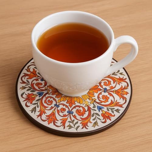 Image of Coaster Set, Tea Coasters Set of 6 for Coffee Mugs & Glasses, Coasters for Dining Table for Hot Pots, Indian Gifts for Foreigners, Wooden Coasters with Stand Bamboo Heat Resistant Pads
