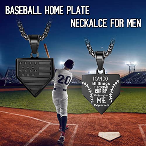 Baseball Home Plate Necklace for Men USA Flag Shield Pendant Stainless Steel Chain 22+2 inch Inspirational Patriotic Jewelry Personalized Baseball Gift for Boys4