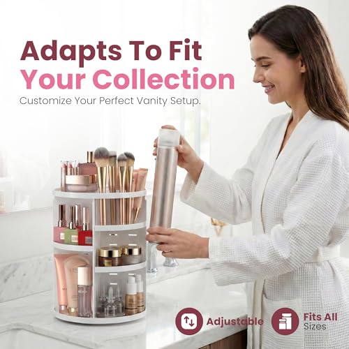Image of Masirs 360 Rotating Makeup Organizer for Vanity, Adjustable Shelf Height, Large Capacity Cosmetic and Skincare Storage, Lazy Susan Perfume Organizer for Dresser, Bathroom Countertop, White