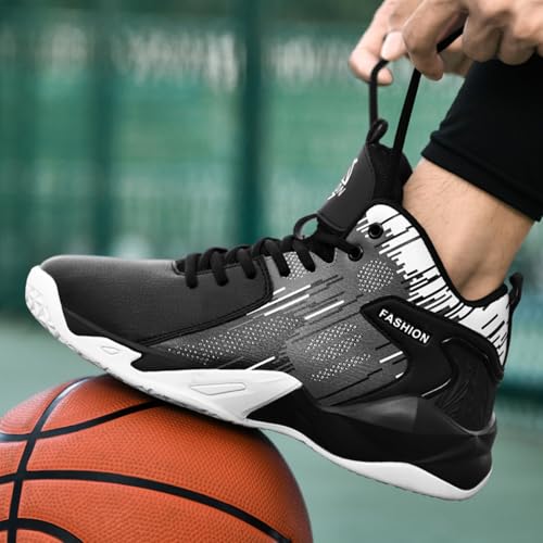 Mens High Top Leather Lace Up Basketball Sport Shoes Fashion Classics Non Slip Chunky Sneakers for Walking Running Tennis Volleyball (Black White,7.5)4