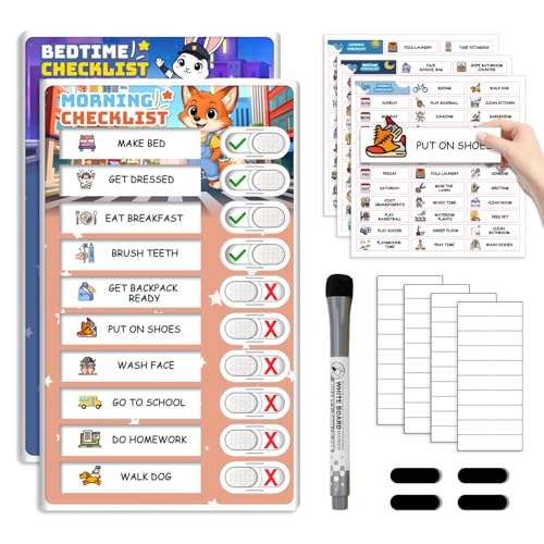 Image of 2 in 1 Upgraded Slider Bedtime /Morning Routine Chart for Kids Toddlers, Dry Erase Chore Chart for 2 Kids, Magnetic Visual Schedule for Kid