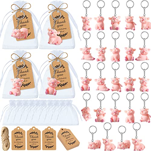 Kathfly 24 Sets Pig Keychain Party Favors Mini Pink Resin Pig Keychain Piggy Theme Return Gift for Guest with Thank You Card Organza Bag for Wedding Baby Shower Birthday Reward Supplies