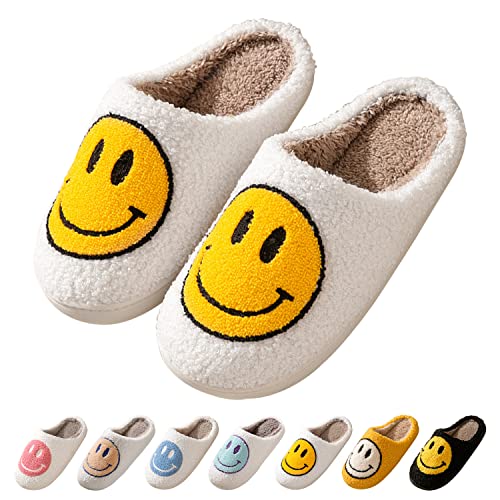 Image of Smile Face Slippers for Women Happy face slippers Retro Soft Plush Warm Slip-on Slippers, Cozy Indoor Outdoor Slippers