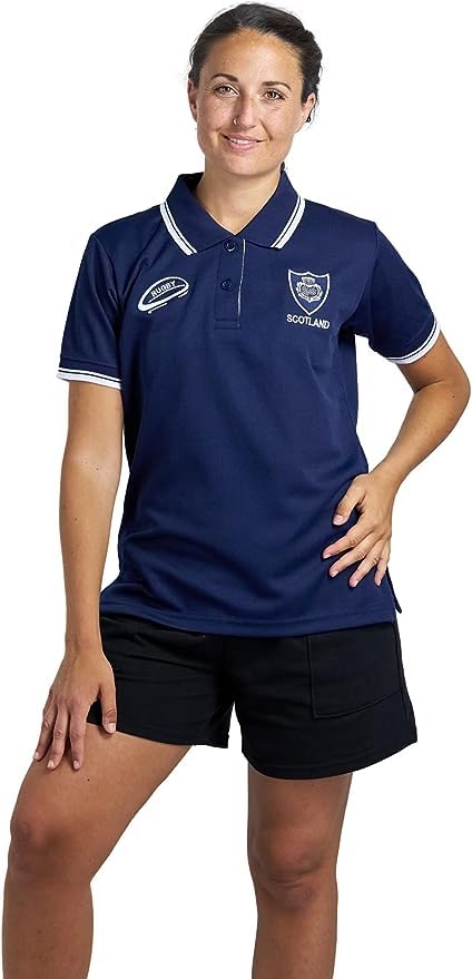 New Model UK Women Scotland Rugby Fan Supporter T Shirt Button Down Collar Style Short Sleeve Size 8-10 to 24-26 (S to XXL) (M, Navy Blue)