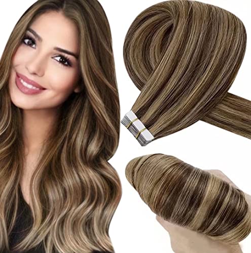 Braun Echthaar Extensions Tape in Glatt Echthaar Tape in Braun Extensions Naturlich Tape in Extensions Echthaar Haarverlängerung Glatt Dunkelbraun mit Rotblond #4/27 50g 50 cm Cover