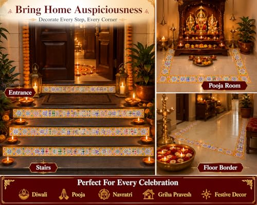 Image of Rangoli Kolam Stickers for Home Entrance & Pooja Room | Vinyl /Self Adhesive, Waterproof, Floor Decoration for Diwali, Navratri & Festivals (Combo Pack of 5) (Color Border CP5)
