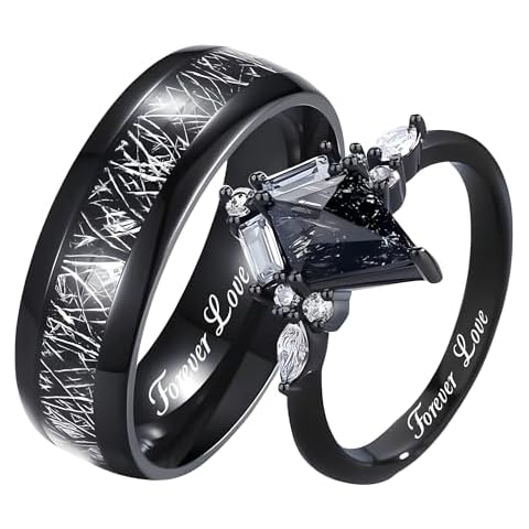 Mens Wedding Band Meteorite - Custom Wedding Ring Sets - Black Rutilated Quartz Woman's Ring - Couples Engagement Rings - Her Promise Rings - Black Stainless Steel Rings Cover