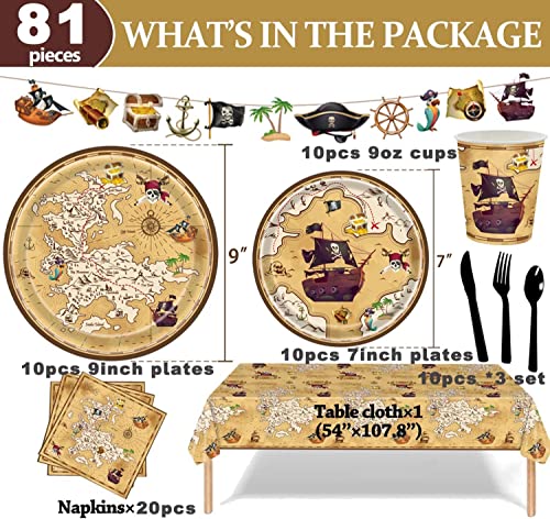 Luckkyy 81 Pieces Pirate Party Tableware Set Pirate Plates Pirate Birthday Party Supplies Paper Plates Napkins Set Re-Usable Dinnerware Tableware For For Baby Shower Birthday （Serves 10） #TOP3