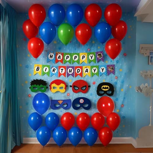 Image of Wanna Party Superhero Birthday Decoration Combo Pack for Boys - 27 Pcs Set with Happy Birthday Banner Balloons and Felt Eye Masks - Party Supplies for Kids Theme Celebration