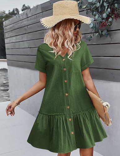 Image of HOTOUCH Women Button Down Dress Loose Summer Cotton Linen Dress Ruffle Hem Casual Dress Short Sleeve Tunic Dress