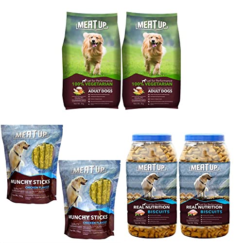 Image of Meat Up 100% Veg Adult Dry Dog Food, 3kg (Buy 1 Get 1 Free) & Mutton Flavour, Real Chicken Biscuit, 500g (Buy 1 Get 1 Free) & Munchy Sticks, Chicken Flavour, Dog Treats, 700 g (Buy 1 Get 1 Free)