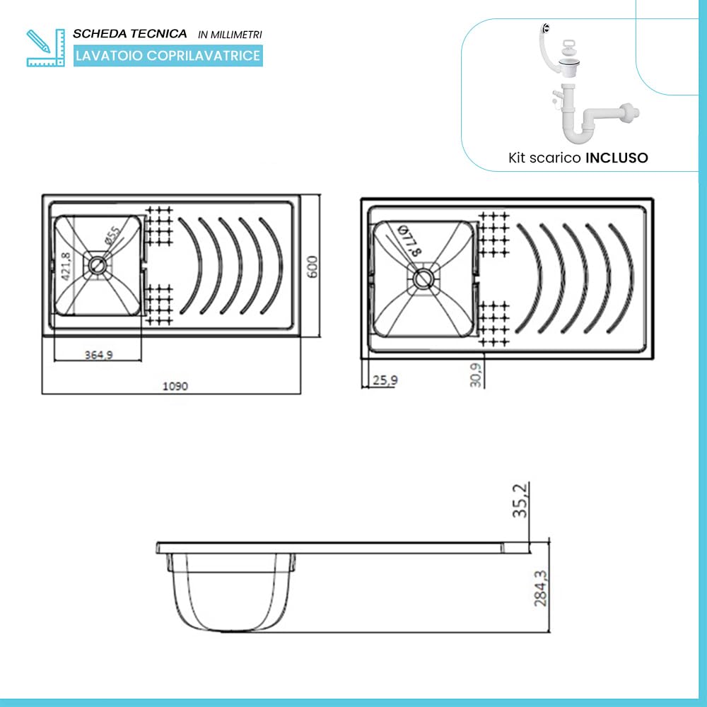 Inbagno Lavatoio e Coprilavatrice con Mobile in PVC 109x60x85 cm Bianco Vasca Sinistra