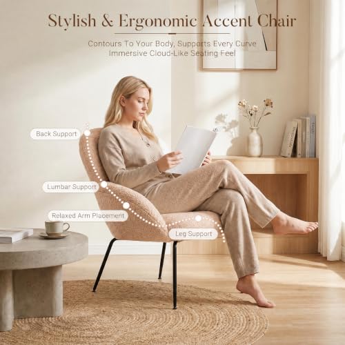 Image of Accent Chairs Set of 2 for Living Room, Boucle Fabric, Camel | Modern Accent Chair with Cloud Backrest, Soft Textured Boucle Fabric, Small Reading Chair for Sunroom, Reception Area
