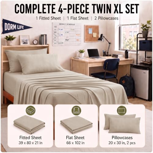 Image of CozyLux 4-Piece Twin XL Sheets, Fits 18-21 Inch Mattresses, Oeko-TEX | 2 Pillowcases, 1 Flat Sheet and 1 Fitted Sheet with All-Around Elastic and 21-Inch Deep Pocket for a Secure Fit, Wheat