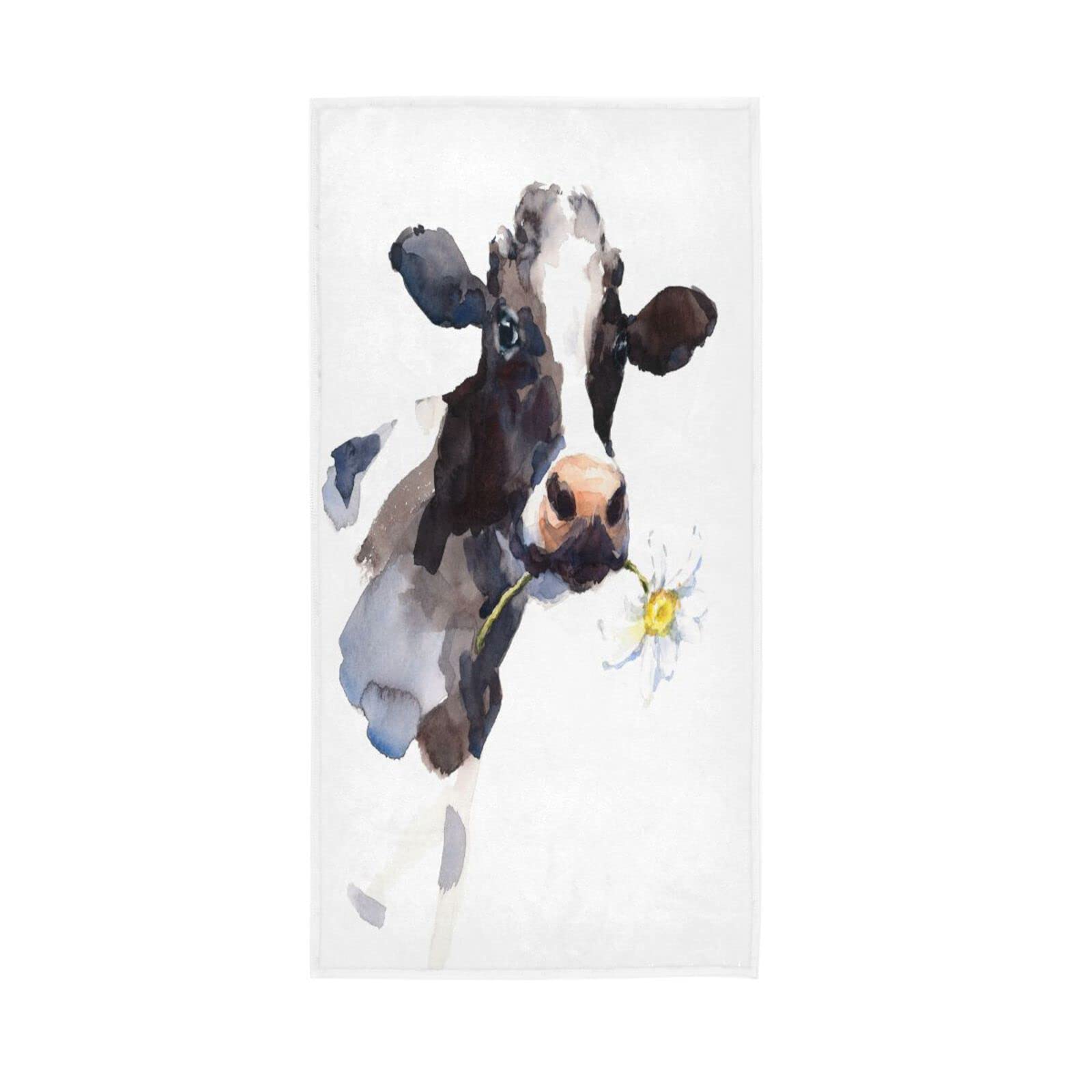 LSRCPD Farm Cow with Chrysanthemum Flower Towels for Facials, 15 x 30 Inches Absorbent Hand Towel, Spa Hand Towels Travel Hand Towels