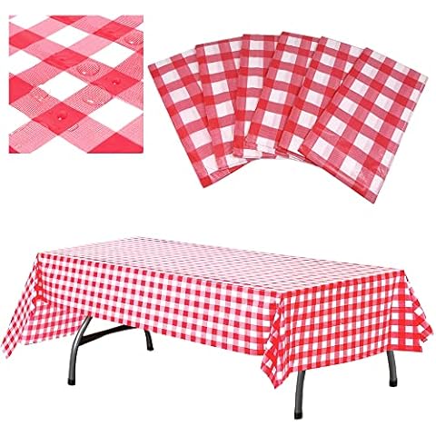 AnapoliZ Plastic Checkered Tablecloth | 6 Pcs Pack - 54” Wide x 108” Long | Red and White Picnic Disposable Table Cover | Rectangular Gingham Tablecover for Birthdays, Carnivals, Parties Cover