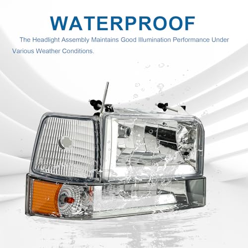 Image of LED DRL Headlights Compatible with 1992-1996 Ford F150 F250 F350 & Ford Bronco Replacement Headlamp Amber Reflector Chrome Housing