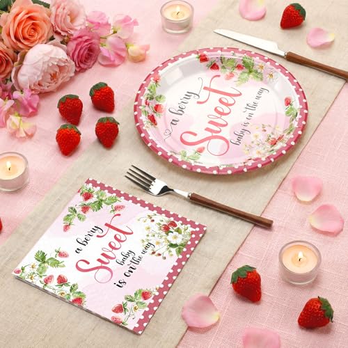 Image of Qinyoung 100 Pcs Strawberry Baby Shower Decorations Strawberry Plates and Napkins a Berry Baby Is on the Way Party Supplies for Berry Babyshower Decorations Picnic Tea Party, Serves 50
