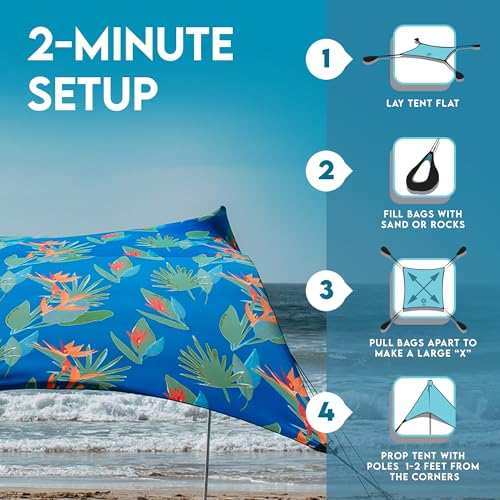 Image of Neso Gigante Portable Beach Tent Sun Shelter - Lightweight Beach Shade Canopy - Easy Setup for Family Outings - Patented Reinforced Corners - UPF 50+ - 8ft Tall, 11 x 11ft - Tropical Floral