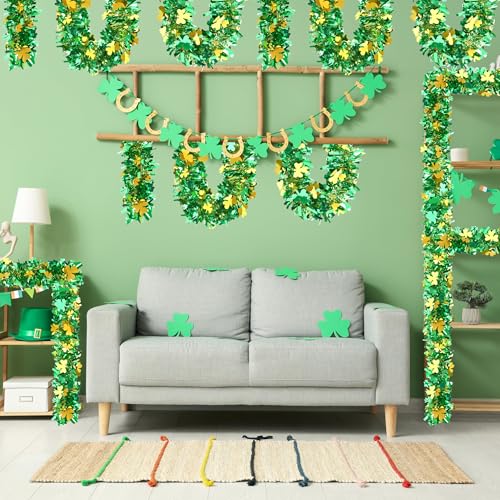 Image of 50FT St. Patrick's Day Tinsel Garland Shamrock Clover Green Gold Metallic Tinsel Twist Garland for Irish Saint Patricks Day Party Home Decor Indoor Outdoor Decoration