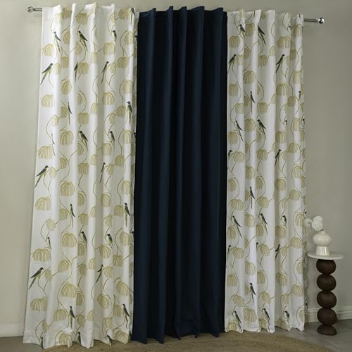 Image of Tranquebar Curtain Co. Window Curtains 5 Feet, 60-65% Room Darkening,Blue Bird Print, Cotton Curtains for Window,Cotton Curtains 5 Feet Set of 3, BackTab Loops, Mithu Green Combo (152 cm) - Set of 3