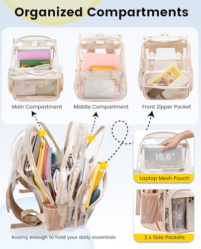 Image of Vorspack Heavy Duty Clear Backpack - Large See Through Bookbag Transparent Backpacks for College, Work, Travel - Apricot