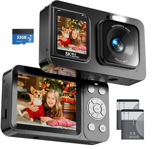 Digital Camera 5K 80MP Point and Shoot Digital Camera for Photography 18X Zoom Anti Shake, Compact Small Vlogging Cameras Dual Screen for Kids Teens Adult Beginner Gifts - Black