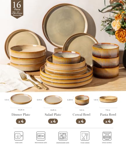Image of TheTerra Ceramic Dinnerware Set for 4, 16-Piece Plates and Bowls Set