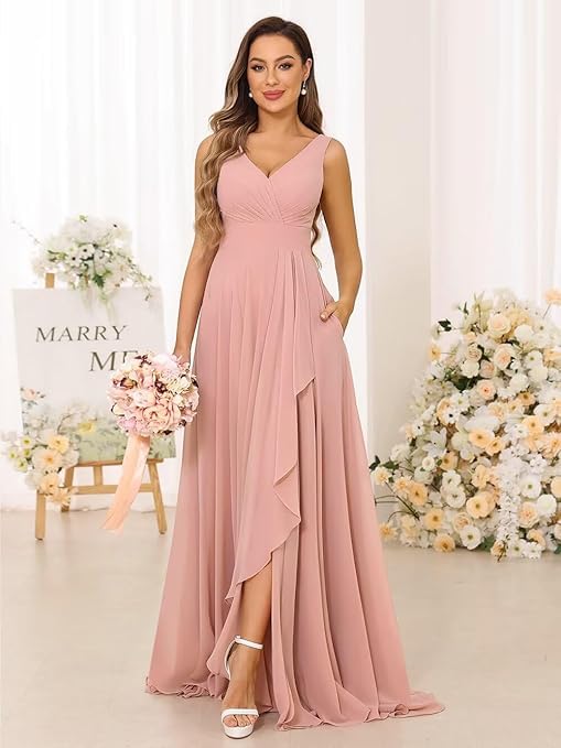 Women Chiffon Long Formal Wedding Guest Dresses with Pocket V Neck Sleeveless Ruched Maxi Bridesmaid Dress with Slit4