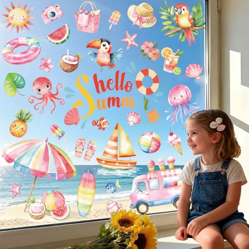9 Sheets Summer Window Clings for Glass Windows Beach Tropical Window Decals for Kids Hello Summer Window Stickers for Home Office Classroom Spring Decor Glass Door Decorations