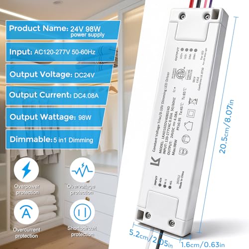 Image of 24V 100W Dimmable LED Driver, 5-in-1 Constant Voltage Triac /ELV /MLV /0-10V /1-10V /PWM /V-R Dimming AC to DC Power Supply, ETL Listed LED Transformer, Compatible with Leviton Dimmer