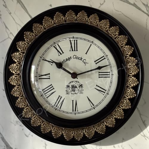 Image of Vintage Clock Brass Inlay Wooden Shiny Brown Handcrafted Wall Clock Handcrafted for Living Room Home Office Decor /VC-9154-10-FR