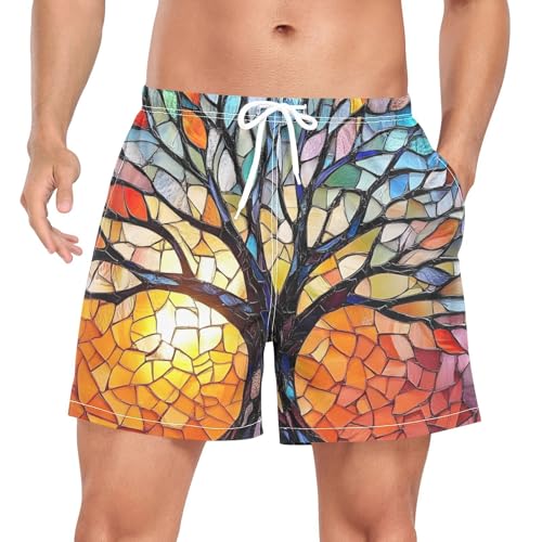 Stain Glass Tree Mens Swim Trunks with Liner, Cool Quick Dry Beach Swim Shorts, Swimwear Bathing Suits S