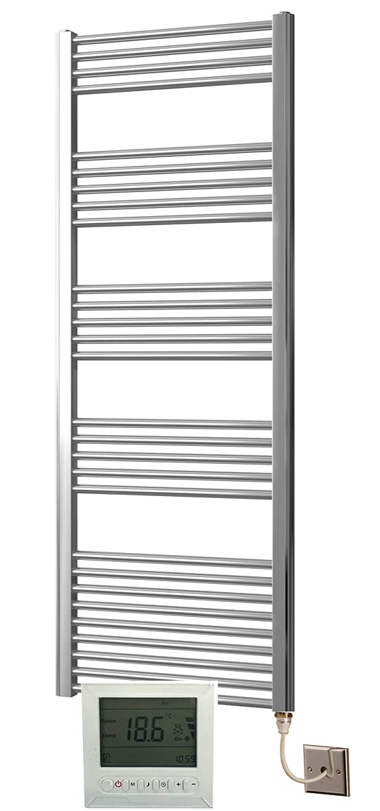 Greened House Electric Chrome 500W X 1400H Flat Towel Rail + Timer And Room Thermostat Bathroom Towel Rails 718598032258