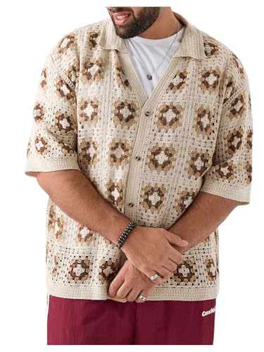 Men's Plus Size Floral Hollow Out Crochet Half Sleeve Cardigans Sweaters Button Down Collared Neck Knitwear
