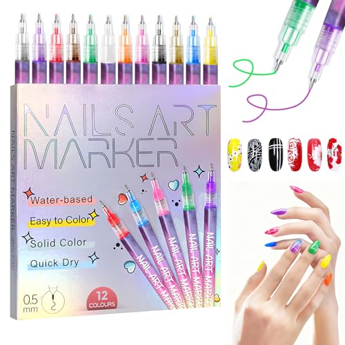 12 Colors Nail Art Pens Set Nail Art Markers for Gel Nails DIY Quick Dry Graffiti Dotting Point Liner Pens 3D Nail Polish Pens for Painting Nails Art Drawing Tool (1 Set)