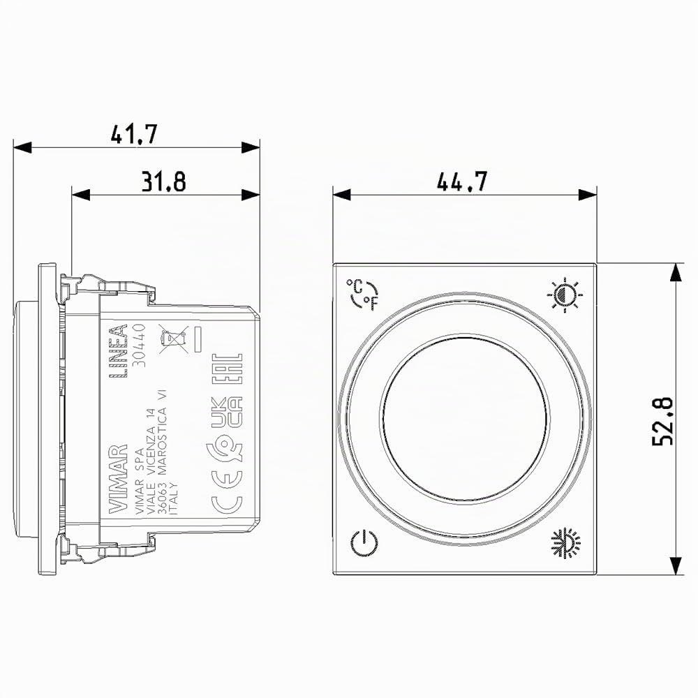 Vimar 30440.C Termostato a rotella, Linea, con uscita a relé, retroilluminazione con regolazione di intensità, da completare con placche della serie Linea, canapa, 2 moduli
