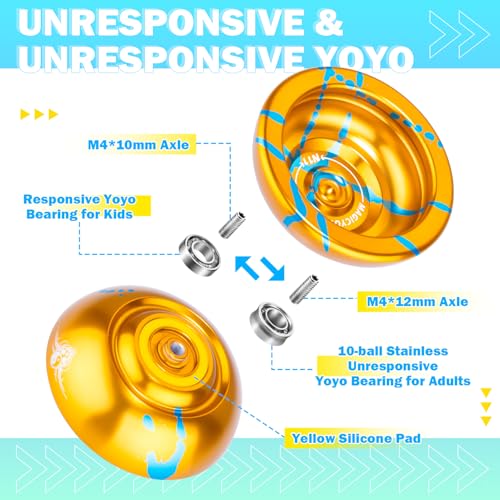 Image of MAGICYOYO N11 Professional Unresponsive Alloy Yoyo Dual Purpose Trick Yo Yo with Responsive Bearing Kit + Bag + Glove +12 Strings - Golden Blue