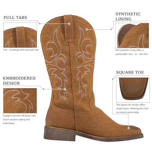Image of J's.o.l.e Womens Square Toe Cowgirl Cowboy Boots Mid Calf with Chunky Heel Retro Embroidery Western Boots